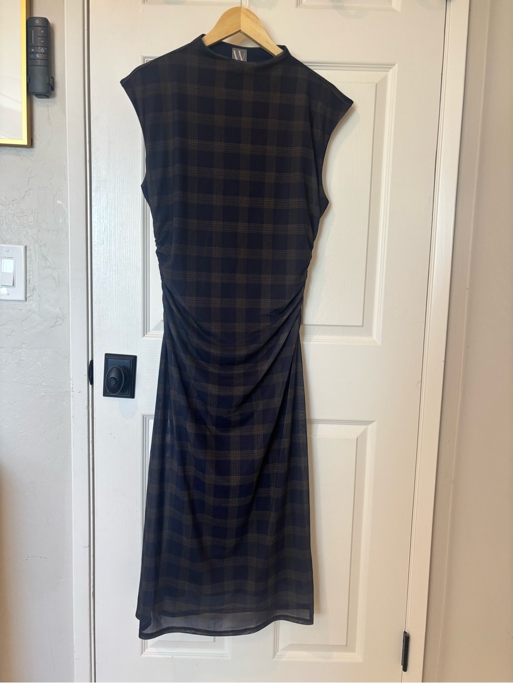 Worthington Navy and Brown Plaid Midi Dress Mock Neck Stretchy